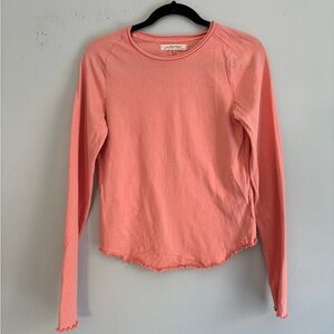 Free People Pink Long Sleeve Cropped Top Lettuce Hem Raglan